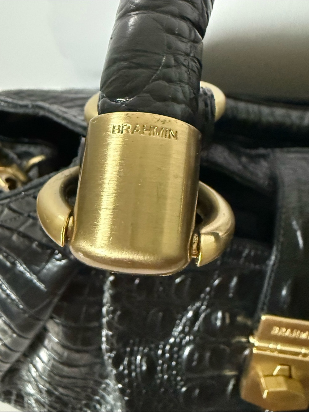 Brahmin Black Croc Embossed Leather Satchel/Shoulder Bag Large Gold Hardware - Picture 5 of 16